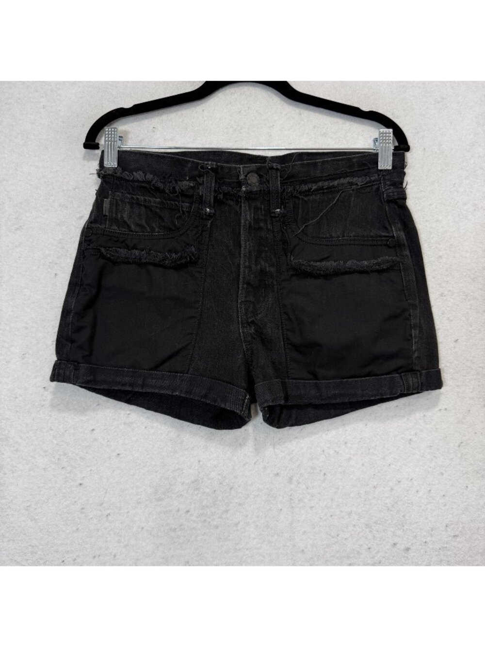 Helmut Lang Rolled Boyfriend Shorts Womens 25 Black Vain Denim Fringe Cuff